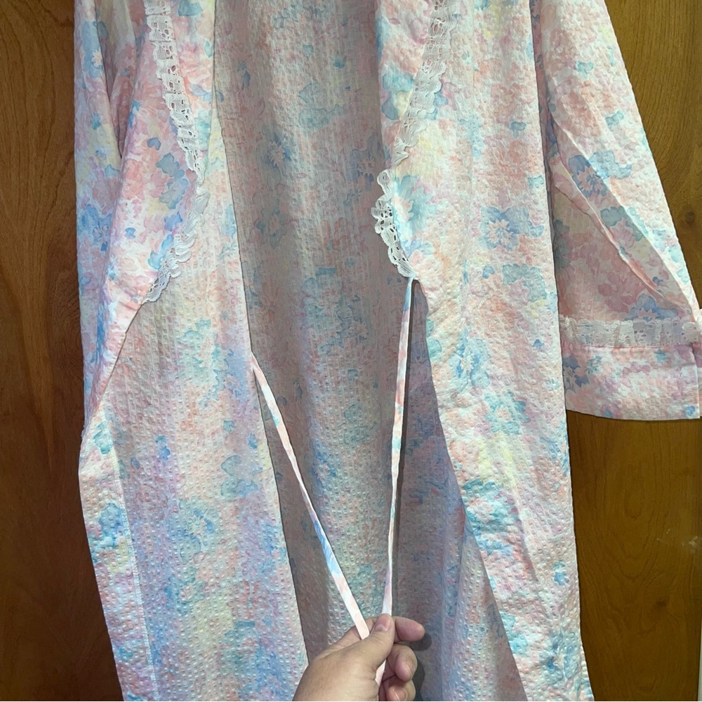 Vintage Appel Belted Pastel Floral Robe Seersucker Women’s Large Union Made USA - Picture 9 of 12